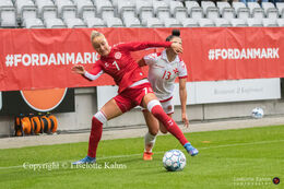 Sanne Troelsgaard battling for the ball (#7 Denmark) in the World Cup qualifier Denmark vs Malta at Energi Viborg Arena in Viborg, Denmark