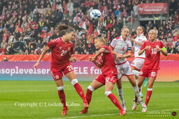 Signe Bruun (#20 Denmark) with a header in the World Cup qualifier Denmark vs Malta at Energi Viborg Arena in Viborg, Denmark