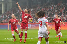 Signe Bruun (#20 Denmark) celebrating her 2-0 goal in the World Cup qualifier Denmark vs Malta at Energi Viborg Arena in Viborg, Denmark