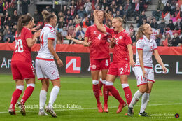 Stine Larsen (#12 Denmark) celebrating her goal to 3-0 in the World Cup qualifier Denmark vs Malta at Energi Viborg Arena in Viborg, Denmark