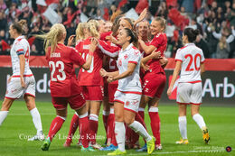 Celebration of Stine Larsen's goal to 3-0 in the World Cup qualifier Denmark vs Malta at Energi Viborg Arena in Viborg, Denmark
