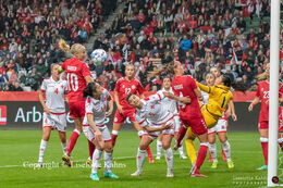 Pernille Harder (#10 Denmark) with a header in the World Cup qualifier Denmark vs Malta at Energi Viborg Arena in Viborg, Denmark