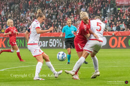 Pernille Harder (#10 Denmark) blocked in the World Cup qualifier Denmark vs Malta at Energi Viborg Arena in Viborg, Denmark