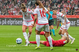 Pernille Harder (#10 Denmark) sent down in the World Cup qualifier Denmark vs Malta at Energi Viborg Arena in Viborg, Denmark