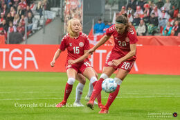 Signe Bruun (#20 Denmark) with s shot towards goal in the World Cup qualifier Denmark vs Malta at Energi Viborg Arena in Viborg, Denmark