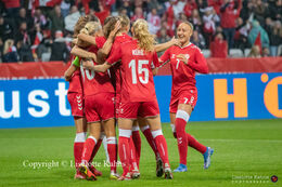 Celebration of Pernille Harder's historic goal in the World Cup qualifier Denmark vs Malta at Energi Viborg Arena in Viborg, Denmark