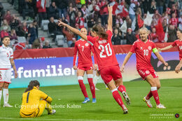 Signe Bruun (#20 Denmark) celebrating a goal that was subsequently judged off-side in the World Cup qualifier Denmark vs Malta at Energi Viborg Arena in Viborg, Denmark
