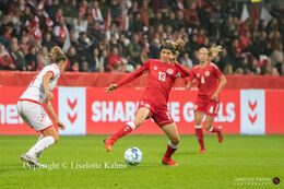 Sofie Junge (#13 Denmark) battling for the ball in the World Cup qualifier Denmark vs Malta at Energi Viborg Arena in Viborg, Denmark