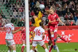 Sara Thrige (#2 Denmark) jumping for the ball in the World Cup qualifier Denmark vs Malta at Energi Viborg Arena in Viborg, Denmark
