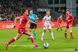 Katrine veje (#11 Denmark) in the World Cup qualifier Denmark vs Malta at Energi Viborg Arena in Viborg, Denmark