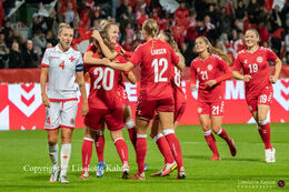 Celebration of Sara Thrige's first goal for Denmark in the World Cup qualifier Denmark vs Malta at Energi Viborg Arena in Viborg, Denmark