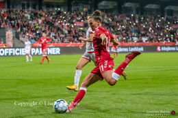 Katrine Veje (#11 Denmark) preparing a shot in the World Cup qualifier Denmark vs Malta at Energi Viborg Arena in Viborg, Denmark