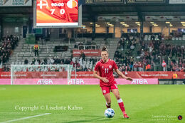 Katrine Veje (#11 Denmark) showing the end result in the World Cup qualifier Denmark vs Malta at Energi Viborg Arena in Viborg, Denmark