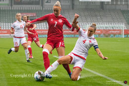 Sanne Troelsgaard (#7 Denmark) battling for the ball in the World Cup qualifier Denmark vs Malta at Energi Viborg Arena in Viborg, Denmark