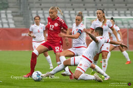 Stine Larsen (#12 Denmark) battling for the ball in the World Cup qualifier Denmark vs Malta at Energi Viborg Arena in Viborg, Denmark