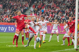 SIgne Bruun (#20 Denmark) battling for the ball in the World Cup qualifier Denmark vs Malta at Energi Viborg Arena in Viborg, Denmark