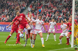 SIgne Bruun (#20 Denmark) battling for the ball in the World Cup qualifier Denmark vs Malta at Energi Viborg Arena in Viborg, Denmark