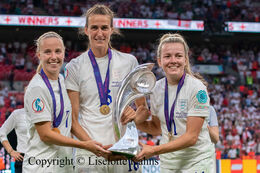 Beth Mead (#7 England), Jill Scott (#16 England) and Lauren Hemp (#11 England) with the trophy after the Women's Euro 2022 Final England vs Germany at Wembley Stadium, London, England