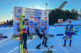 Sturla Laegreid celebrating his victory at the BMW IBU biathlon finals in Holmenkollen, Oslo, Norway