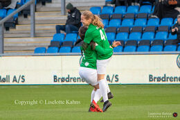 Caroline Olesen (#47 Fortuna Hjorring) and Angela Beard (#4 Fortuna Hjorring) celebrate Caroline's 1-0 goal in the "Kvindeliga" match Fortuna Hjorring vs. Brondby at "Bredbaand Nord Arena" in Hjorring, Denmark