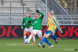 Caroline Olesen (#47 Fortuna Hjorring) battles for the ball in the "Kvindeliga" match Fortuna Hjorring vs. Brondby at "Bredbaand Nord Arena" in Hjorring, Denmark