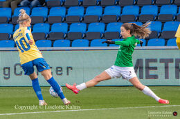 Clare Wheeler (#2 Fortuna Hjorring) and Louise Winter (#10 Brondby Women) battle for the ball in the "Kvindeliga" match Fortuna Hjorring vs. Brondby at "Bredbaand Nord Arena" in Hjorring, Denmark