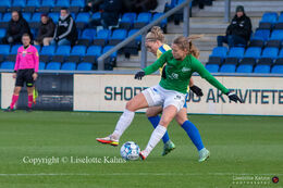 Emma Snerle (#10 Fortuna Hjorring) and Nanna Christiansen (#9 Brondby Women) battle for the ball in the "Kvindeliga" match Fortuna Hjorring vs. Brondby at "Bredbaand Nord Arena" in Hjorring, Denmark