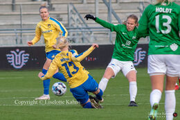 Caroline Olesen (#47 Fortuna Hjorring) and Katrine Jørgensen (#13 Brondby Women) battle for the ball in the "Kvindeliga" match Fortuna Hjorring vs. Brondby at "Bredbaand Nord Arena" in Hjorring, Denmark