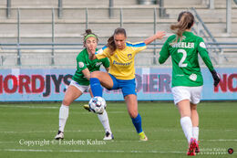 Janelle Cordia (#66 Fortuna Hjorring) and Rebeka Winther (#2 Brondby Women) battle for the ball in the "Kvindeliga" match Fortuna Hjorring vs. Brondby at "Bredbaand Nord Arena" in Hjorring, Denmark