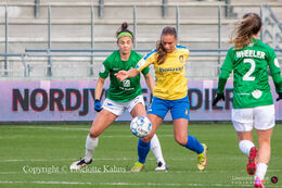 Janelle Cordia (#66 Fortuna Hjorring) and Rebeka Winther (#2 Brondby Women) battle for the ball in the "Kvindeliga" match Fortuna Hjorring vs. Brondby at "Bredbaand Nord Arena" in Hjorring, Denmark