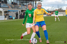 Indiah-Paige Riley(#7 Fortuna Hjorring) and Christina Beck (#12 Brondby Women) battle for the ball in the "Kvindeliga" match Fortuna Hjorring vs. Brondby at "Bredbaand Nord Arena" in Hjorring, Denmark