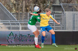 Angela Beard (#4 Fortuna Hjorring) and Nanna Christiansen (#9 Brondby Women) battle for the ball in the "Kvindeliga" match Fortuna Hjorring vs. Brondby at "Bredbaand Nord Arena" in Hjorring, Denmark