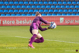 Ann-Kathrin Dilfer (#1 Brondby Women) with a save in the "Kvindeliga" match Fortuna Hjorring vs. Brondby at "Bredbaand Nord Arena" in Hjorring, Denmark