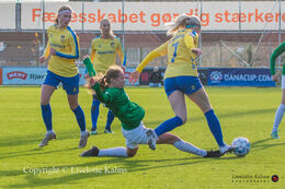 Caroline Olesen (#47 Fortuna Hjorring) and Barbara Sol Gisladottir (#7 Brondby Women) battle for the ball in the "Kvindeliga" match Fortuna Hjorring vs. Brondby at "Bredbaand Nord Arena" in Hjorring, Denmark