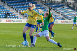 Caroline Olesen (#47 Fortuna Hjorring) and Barbara Sol Gisladottir (#7 Brondby Women) battle for the ball in the "Kvindeliga" match Fortuna Hjorring vs. Brondby at "Bredbaand Nord Arena" in Hjorring, Denmark