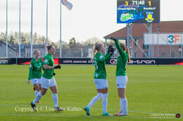 Celebration of Emma Snerle's (#10 Fortuna Hjorring) goal in the "Kvindeliga" match Fortuna Hjorring vs. Brondby at "Bredbaand Nord Arena" in Hjorring, Denmark