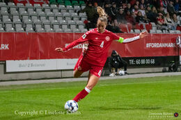 Rikke Sevecke (#4 Denmark) with a shot in the World Cup qualifier Denmark vs Russia at Energi Viborg Arena in Viborg, Denmark