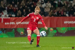 Stine Ballisager (#3 Denmark) with a shot in the World Cup qualifier Denmark vs Russia at Energi Viborg Arena in Viborg, Denmark