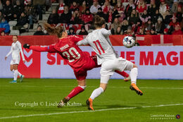 Signe Bruun (#20 Denmark) battles for the ball in the World Cup qualifier Denmark vs Russia at Energi Viborg Arena in Viborg, Denmark
