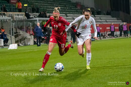 Stine Larsen (#12 Denmark) battles for the ball in the World Cup qualifier Denmark vs Russia at Energi Viborg Arena in Viborg, Denmark