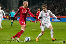 Stine Larsen (#12 Denmark) battles for the ball in the World Cup qualifier Denmark vs Russia at Energi Viborg Arena in Viborg, Denmark