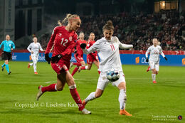 Stine Larsen (#12 Denmark) with a shotl in the World Cup qualifier Denmark vs Russia at Energi Viborg Arena in Viborg, Denmark