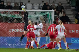 Action in front of Denmark's goal in the World Cup qualifier Denmark vs Russia at Energi Viborg Arena in Viborg, Denmark