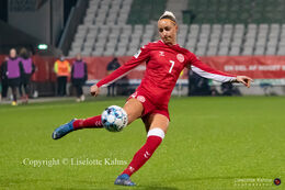 Sanne Troelsgaard (#7 Denmark) with a shot in the World Cup qualifier Denmark vs Russia at Energi Viborg Arena in Viborg, Denmark
