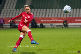 Sanne Troelsgaard (#7 Denmark) with a shot in the World Cup qualifier Denmark vs Russia at Energi Viborg Arena in Viborg, Denmark