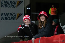 Excited fans in the stands in the World Cup qualifier Denmark vs Russia at Energi Viborg Arena in Viborg, Denmark