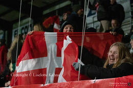 Celebration of Sanne Troelgaard's (#7 Denmark) penalty-kick goal in the World Cup qualifier Denmark vs Russia at Energi Viborg Arena in Viborg, Denmark