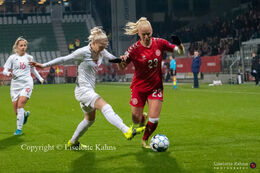 Sofie Svava (#23 Denmark) preparing for a shot in the World Cup qualifier Denmark vs Russia at Energi Viborg Arena in Viborg, Denmark