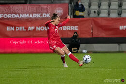 Katrine Veje (#11 Denmark) with a shot in the World Cup qualifier Denmark vs Russia at Energi Viborg Arena in Viborg, Denmark