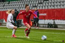 Katrine Veje (#11 Denmark) battles for the ball in the World Cup qualifier Denmark vs Russia at Energi Viborg Arena in Viborg, Denmark